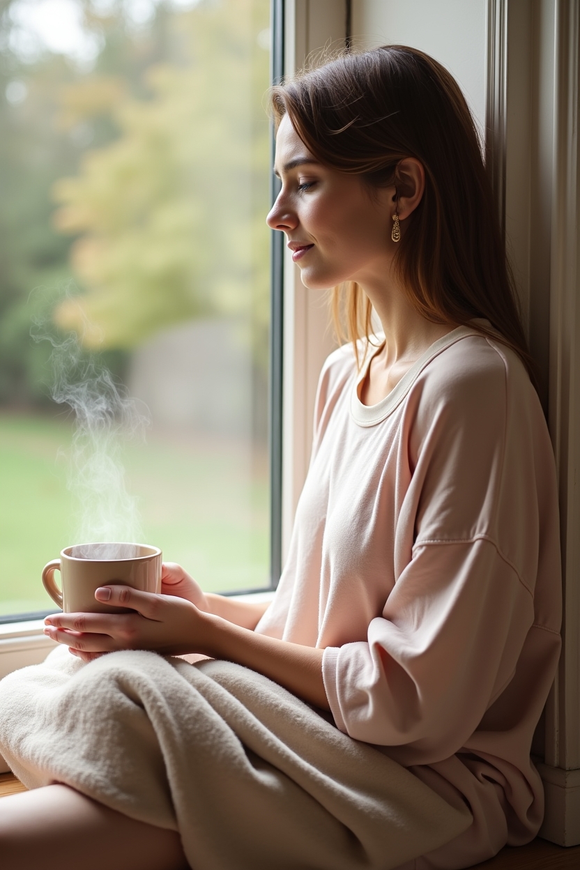 how to use self love after a breakup — a steaming ceramic mug — A solitary person seated by a bright window, practicing compassionate self-reflection with soft gaze and a warm mug beside them