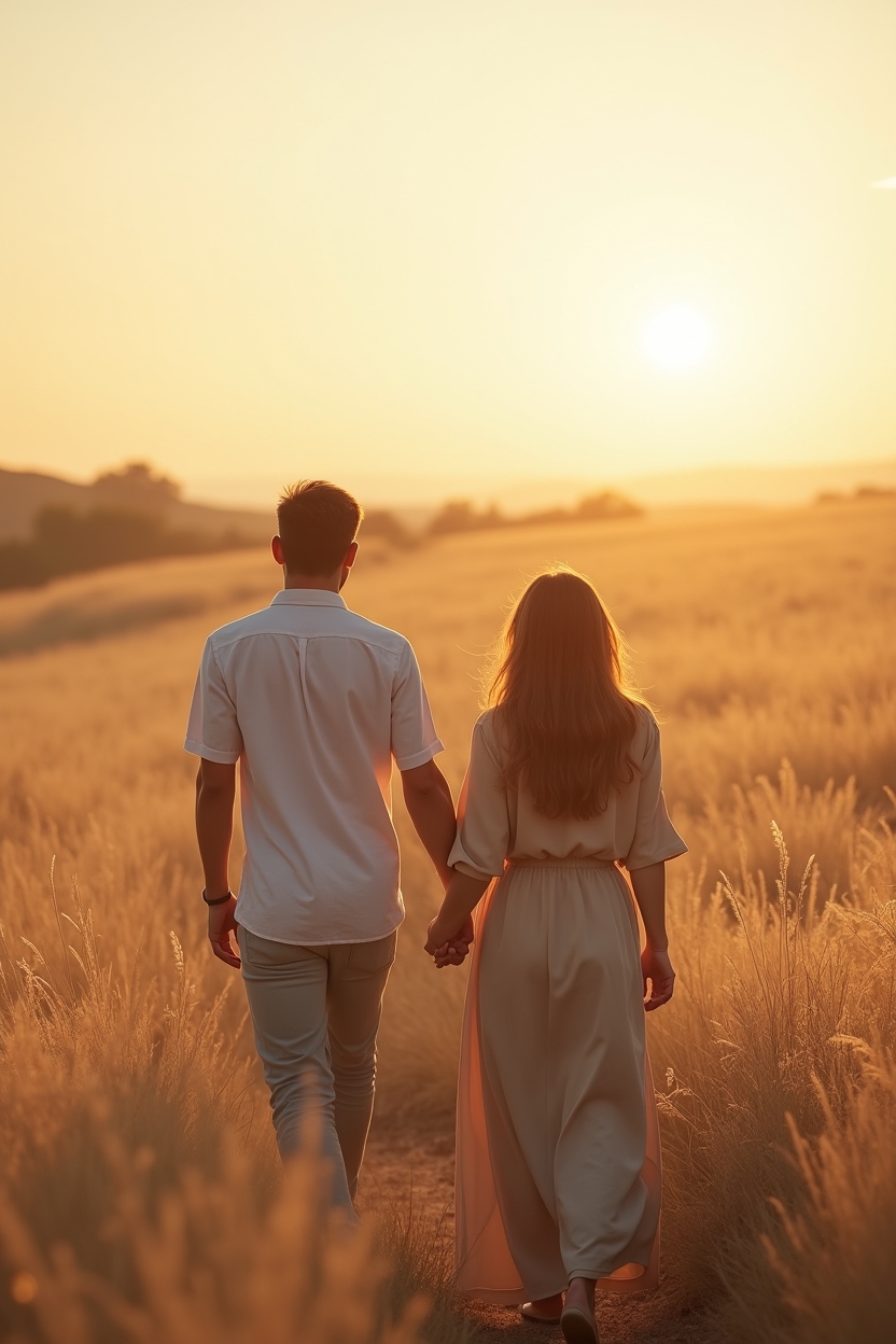 part of fortune in cancer for love — linked arms (subtle contact) — Two people walking away through a golden field at sunset, illustrating dating style and partner choice influenced by Cancer placement