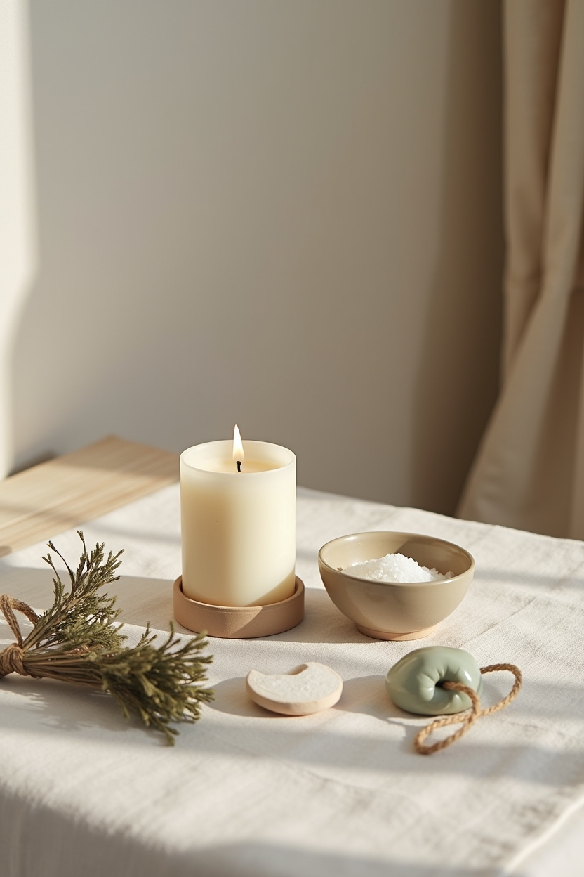 part of fortune in cancer for love — lit pillar candle in a simple ceramic holder — A small home ritual altar still-life for heart-and-home nourishment