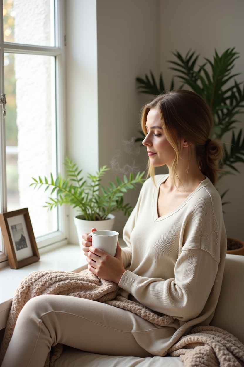part of fortune in cancer for love — steaming ceramic mug — A person seated by a bright window holding a mug, embodying emotional safety and home as fortune