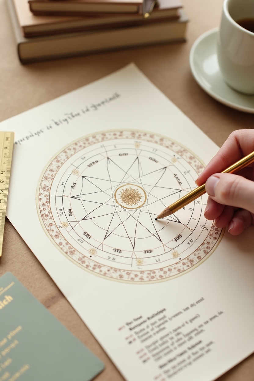 part of fortune in cancer for love — printed birth-chart wheel — Editorial flat-lay of a natal chart workspace showing how to locate the Part of Fortune