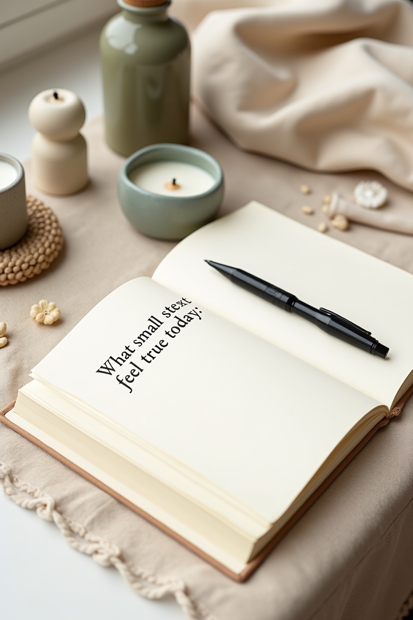 neptune in gemini for life purpose — open journal page with a visible prompt line 'What small next step feels true today?' — Straight-on desk still-life of a mindful journaling setup with prompts and tools for reflective practice.