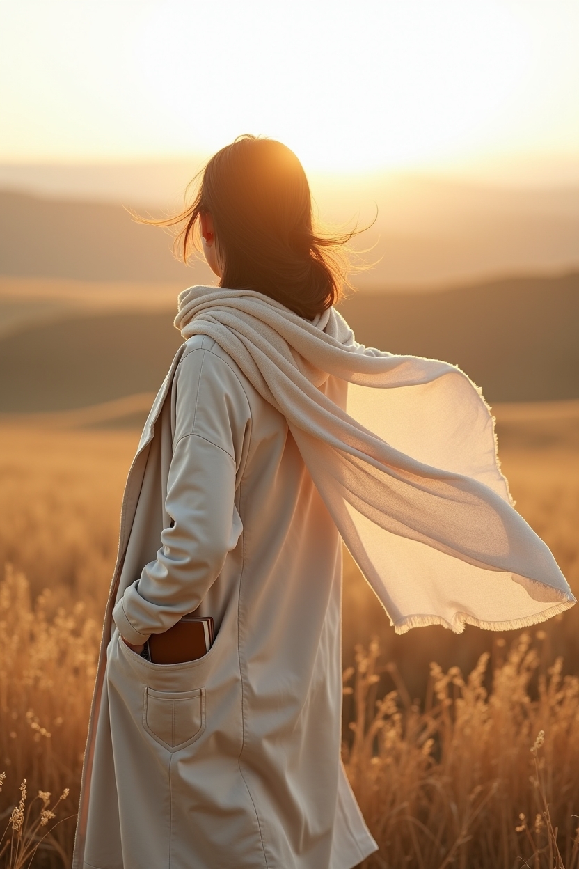 neptune in gemini for life purpose — linen scarf blowing in the wind — A solitary figure standing in a windswept field at golden hour, seen from behind — representing Neptune-in-Gemini gifts and shadowy blur between idea and action.