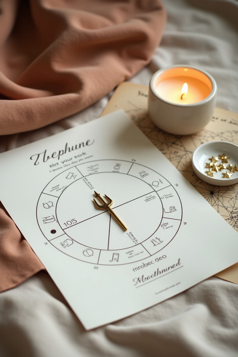 neptune in gemini for life purpose — small brass Neptune trident charm — Editorial celestial flat-lay: astrology tools and Neptune symbolism arranged for a section about Neptune’s symbols and myths.