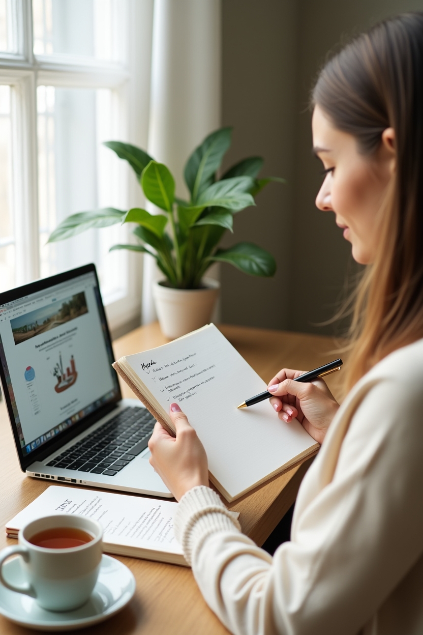 neptune in gemini for life purpose — open notebook with a visible bulleted list and a pen resting on it — A woman at a bright window desk composing a newsletter or notes — illustrating Gemini’s curiosity and communication tools.