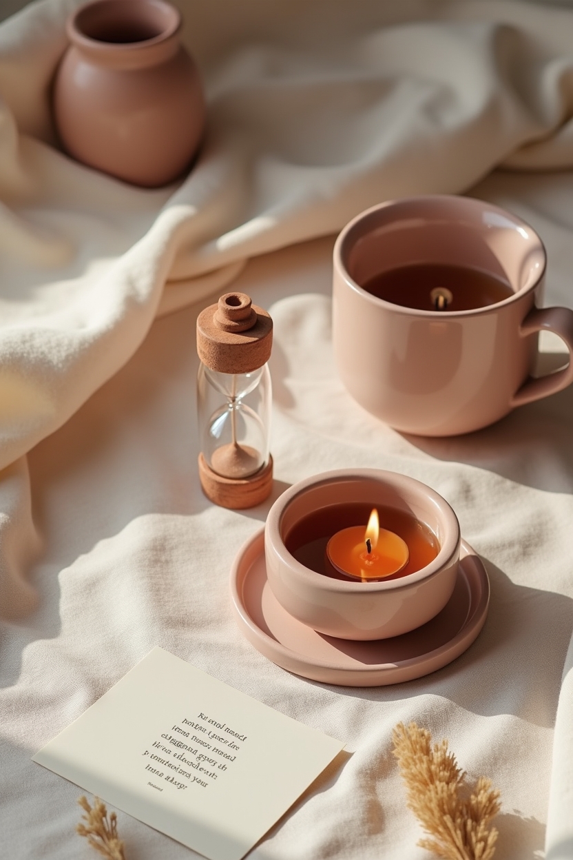 how to use self love during a confidence reset — a two-minute sand timer (visible running) — A two-minute daily ritual flat-lay: a quick practice setup for micro rituals to close the day or start it gently