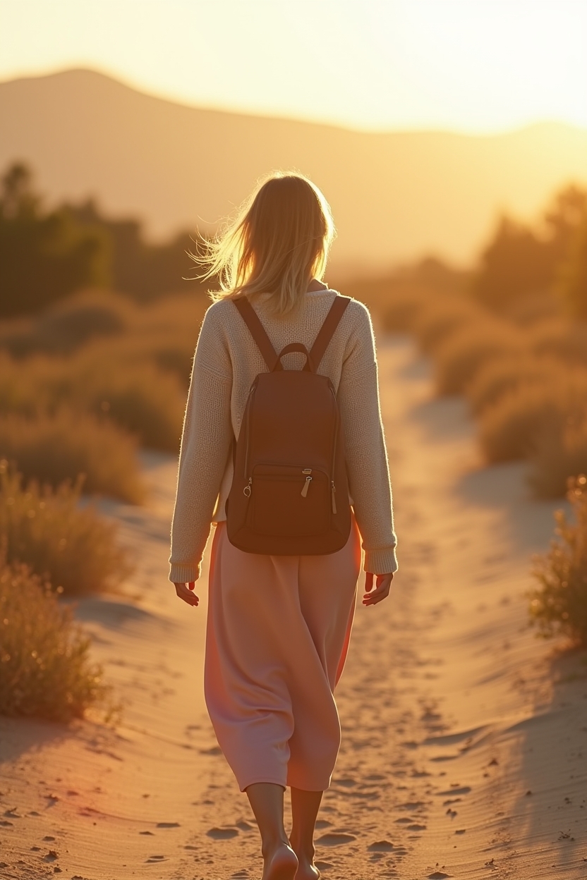 how to use self love during a confidence reset — a lightweight backpack or knit sweater draped over shoulders — A single person walking away along a sunlit path at golden hour, symbolizing long-term momentum and steady maintenance rituals