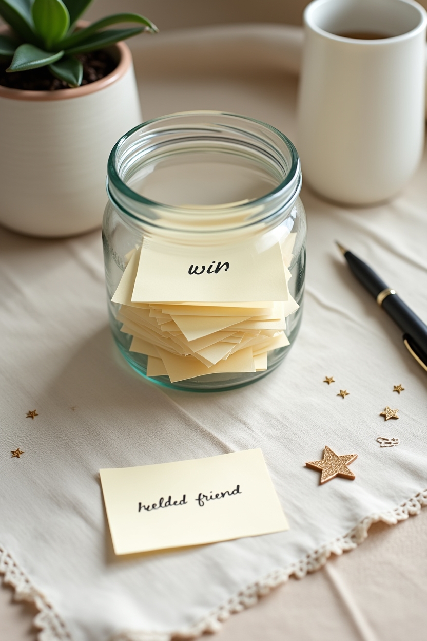 how to use self love during a confidence reset — glass jar filled with handwritten 'wins' slips — A tidy still-life of 'small wins' collected on a table — a visual inventory of reliable strengths and everyday victories