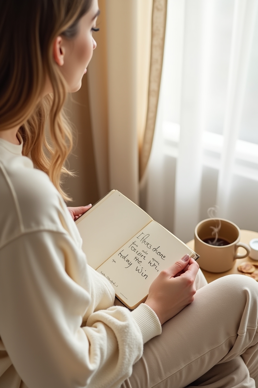 how to use self love during a confidence reset — an open journal with handwriting — A person seated at a bright window journaling quietly, embodying the idea of self-love as the foundation for a confidence reset