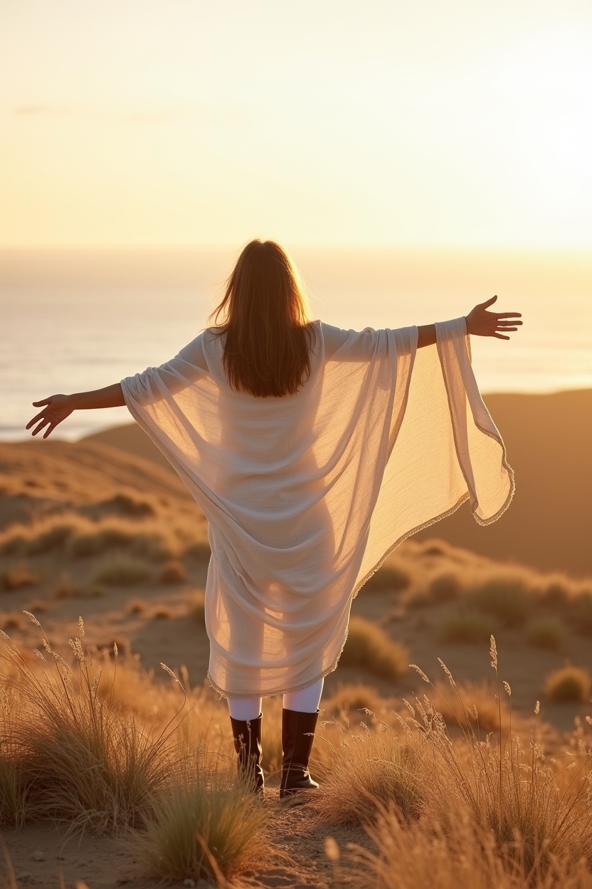 how to use shadow work after a breakup — a simple linen shawl or scarf caught by the breeze — Integration moment: a person standing on a windswept hill at golden hour, arms open toward the horizon seen from behind.