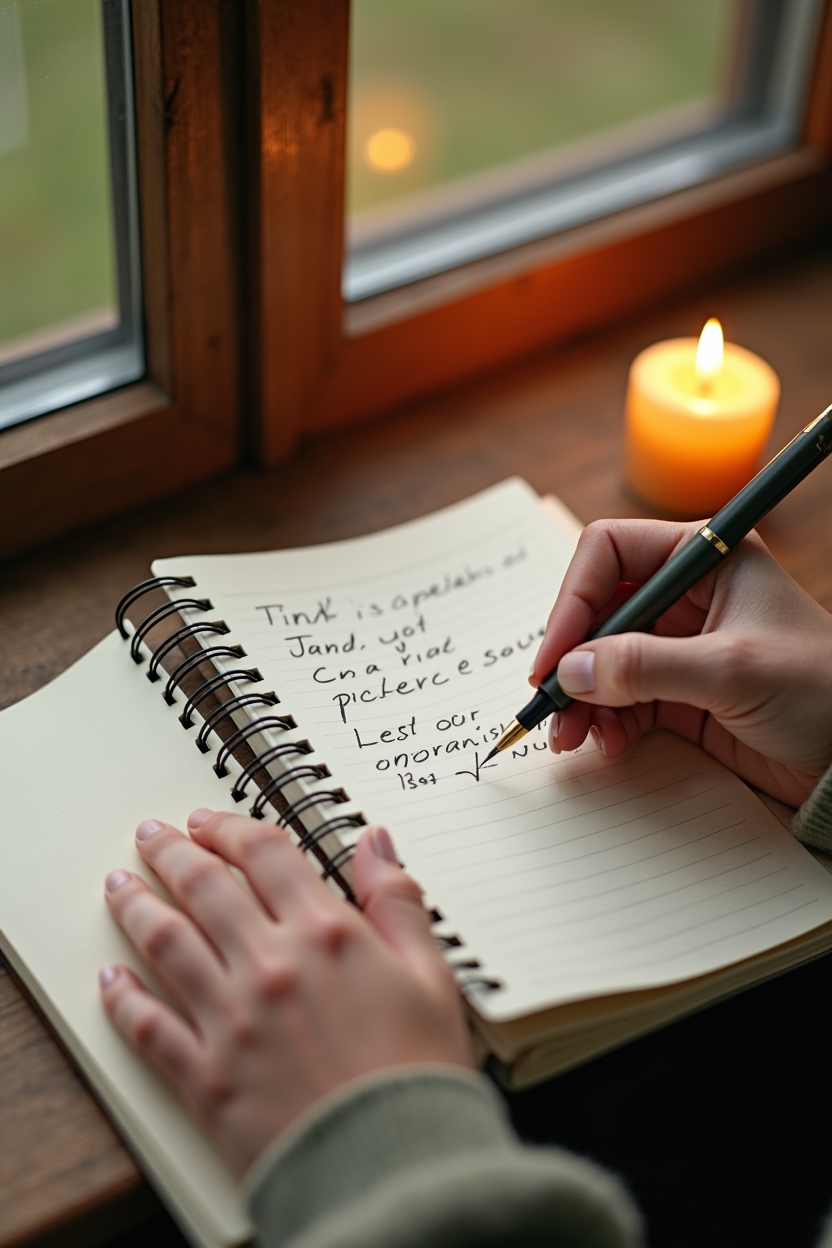 how to use shadow work after a breakup — a spiral journal opened to a page with a visible crossed-out line and a rewritten compassionate sentence — A person writing a compassionate reframe: mid-action journaling close to a candle-lit window during golden hour.