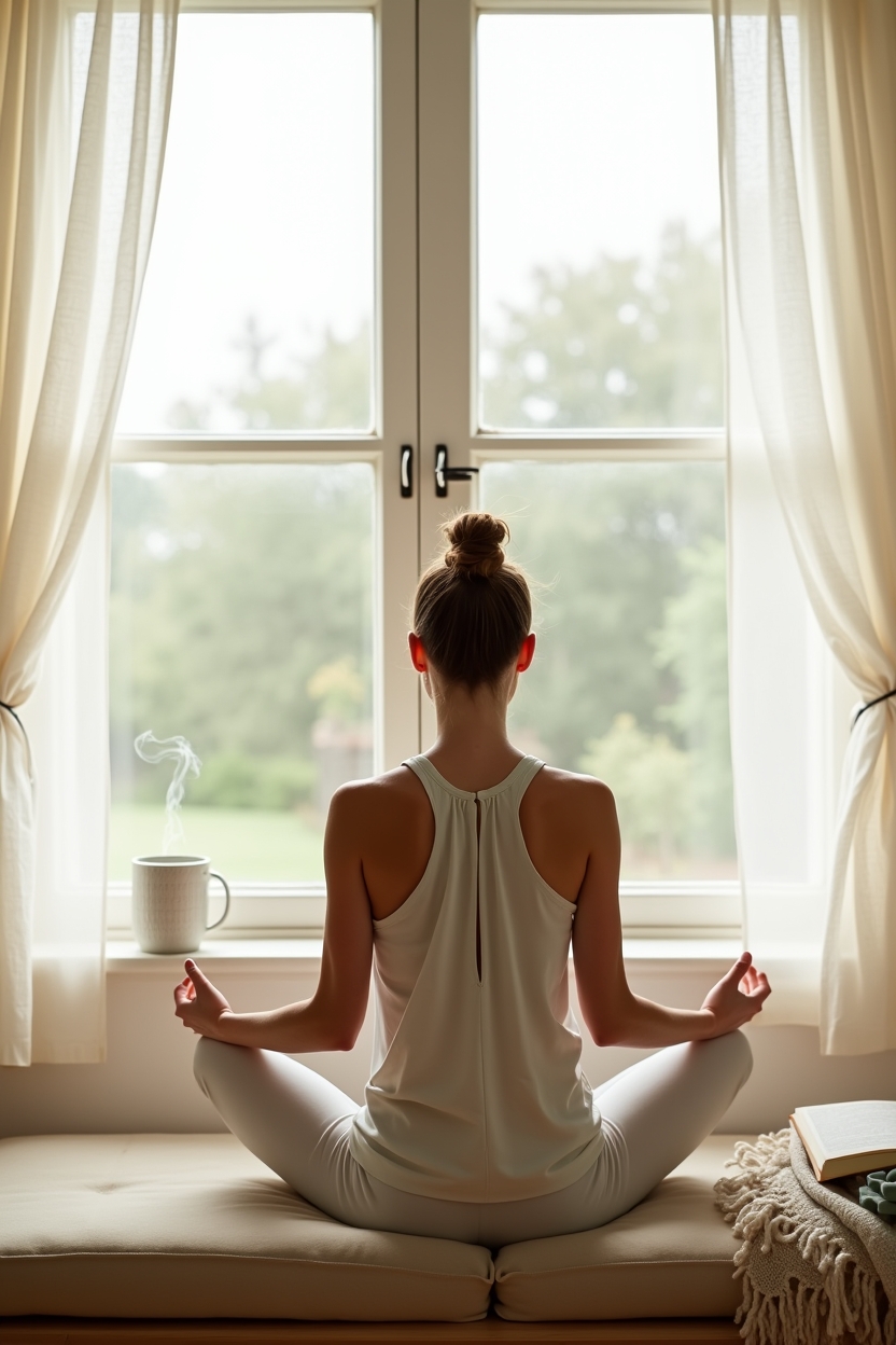 how to improve sleep with sacrum stretches — steaming ceramic mug on the windowsill — A single person seated cross-legged on a window seat practicing calming breath, seen from behind to emphasize posture and anonymity.