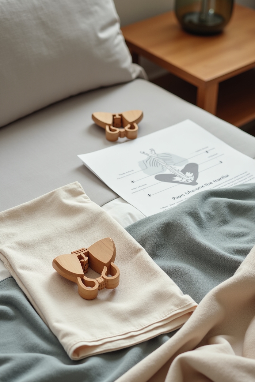 how to improve sleep with sacrum stretches — small wooden pelvic skeleton model — Editorial flat-lay showing a pelvic/sacrum study arranged with sleep-related props to introduce sacrum basics.