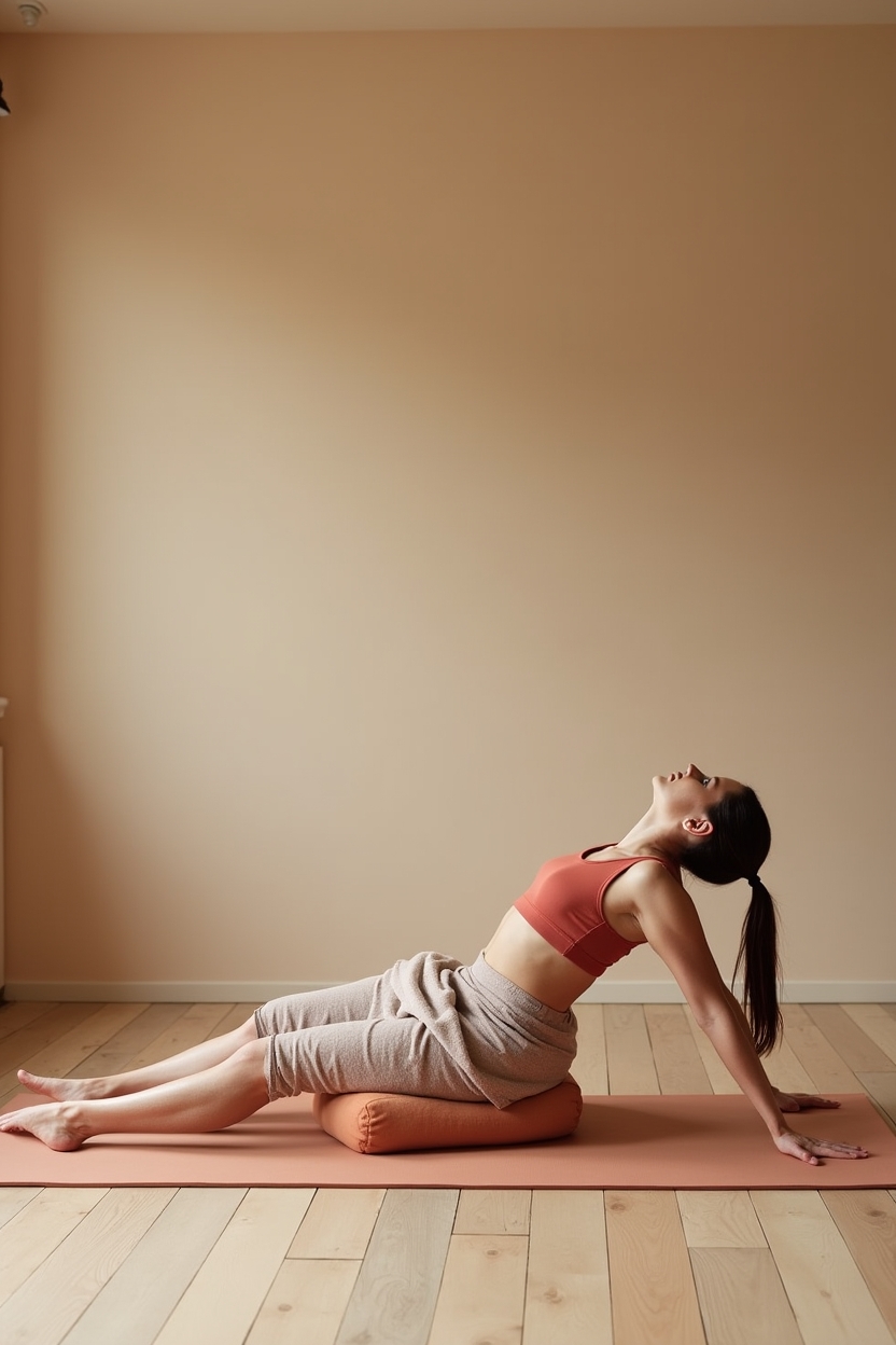 how to improve sleep with sacrum stretches — firm cylindrical yoga bolster under the sacrum — Side-profile studio shot of a supported bridge pose using a firm bolster under the sacrum, demonstrating alignment and modification.
