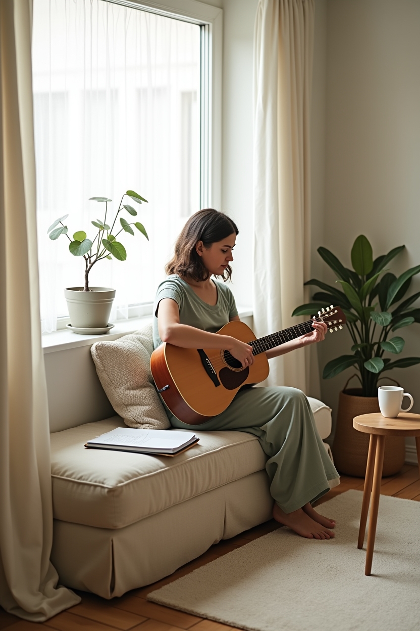 jupiter in leo for life purpose — acoustic guitar resting on lap — Creative vocation as spiritual practice: a home studio scene with a musician/performer tuning an instrument while seated at a window, feet tucked and face cropped out