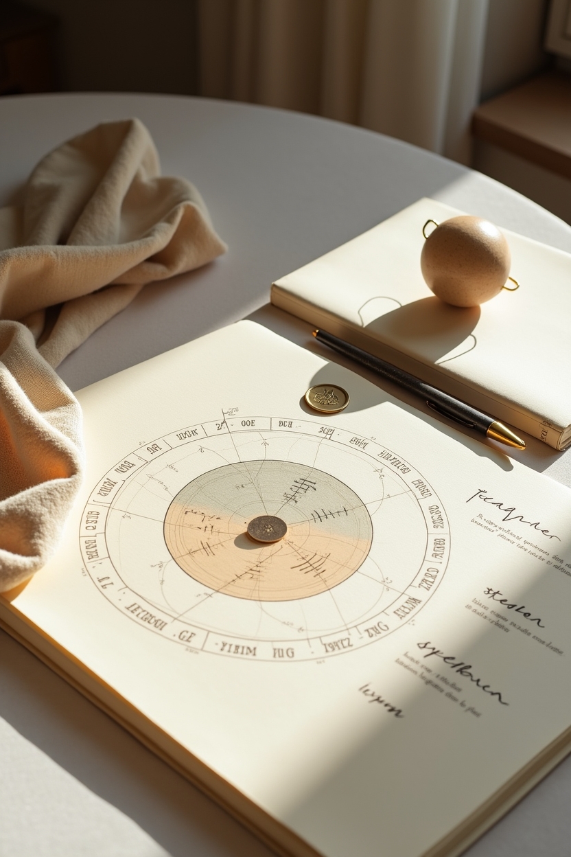 jupiter in leo for life purpose — paper birth-chart wheel — Astrology flat-lay showing Jupiter as an archetype: birth-chart wheel, open notebook with notes about 'teacher' and 'vision', and a small brass planet token