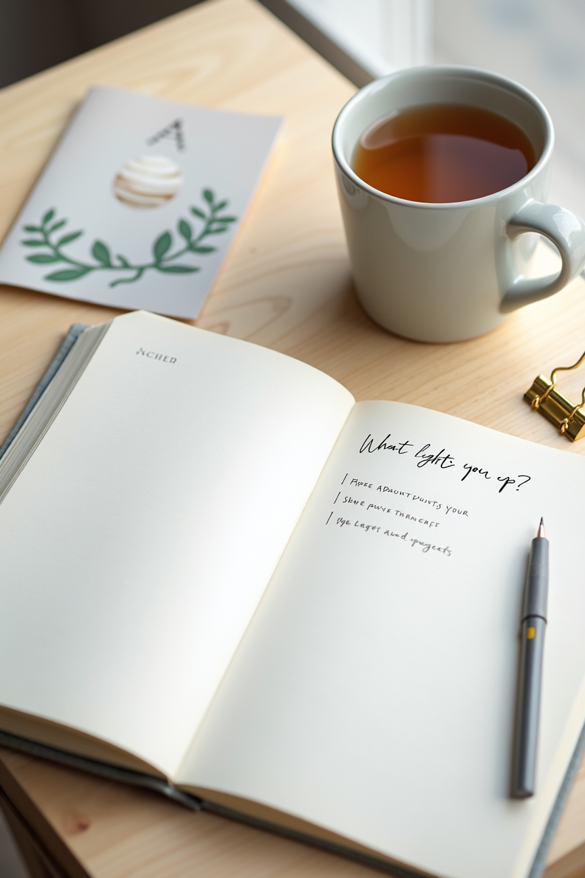 jupiter in leo for life purpose — open journal with handwritten prompts — Journaling prompts flat-lay: a tidy desk with an open journal showing 'What lights you up?' prompts, a warm tea cup, and a small constellation card