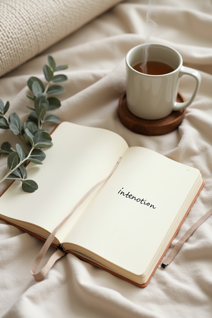 how to improve sleep with calves stretches — an open notebook with one written intention line — Still-life flat-lay of a bedtime prep ritual: diffuser, small notebook with pen open to a single line 'Tonight I will…', and a rolled yoga mat by a bedside