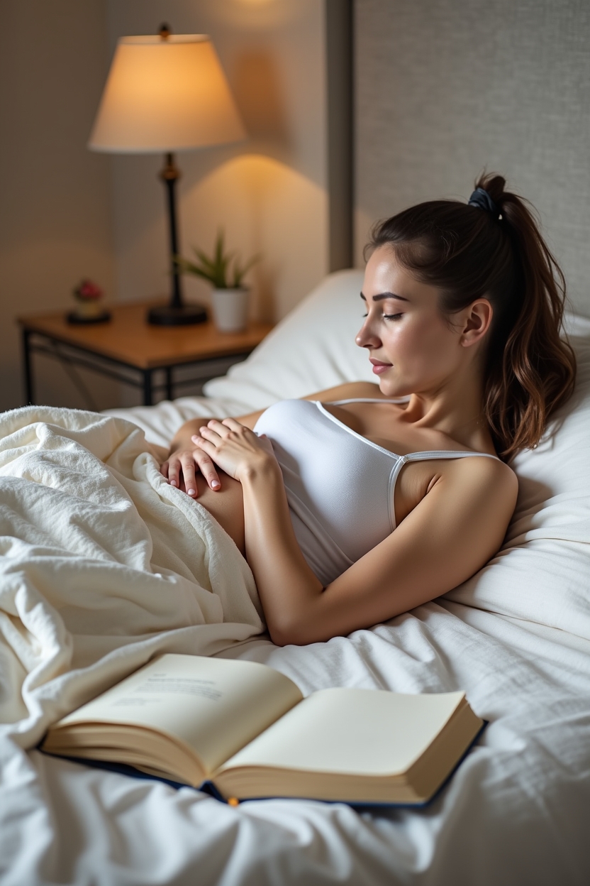 how to improve sleep with calves stretches — a bedside journal open to a short body-scan prompt — A calm post-stretch settling scene: person lying on their back in bed with eyes closed, one hand flat on abdomen, bedside table with a dim lamp and a bedside journal open